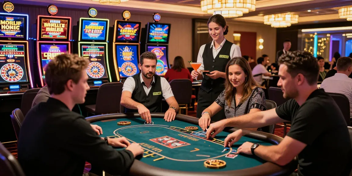 Scène animée d'un casino en ligne montrant des joueurs profitant de jeux, mettant en avant le meilleur casino en ligne avec lumière et ambiance chaleureuse.
