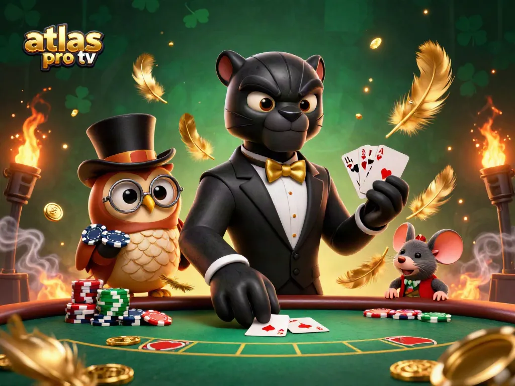 Atlas Pro TV : Jouez aux cartes avec des personnages de casino adorables dans une scène animée