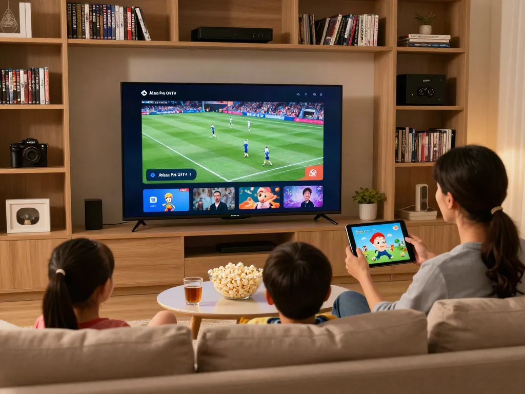 Famille appréciant l'application Atlas Pro ONTV sur leur Smart TV dans un salon moderne.