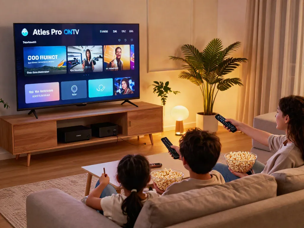 Soirée familiale regardant la télévision Atlas pro ontv dans un salon moderne.