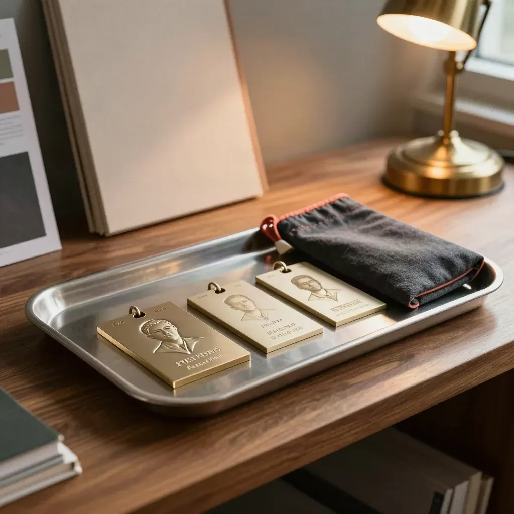 Monogramme embossé sur aluminium brossé, variantes miniatures et pochette de présentation.