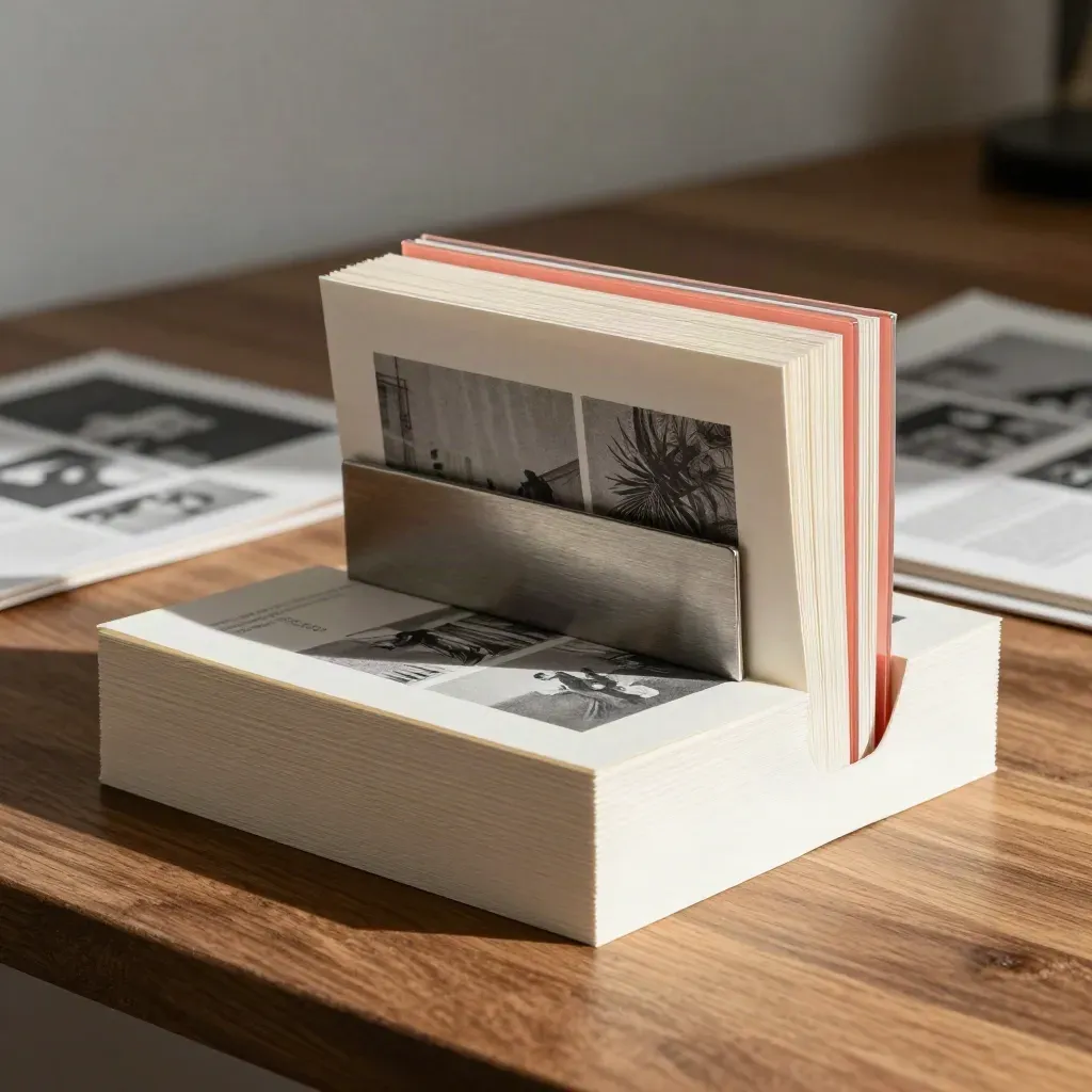 Formats sociaux imprimés, porte-cartes métallique et tirages de stories en vue plongeante.