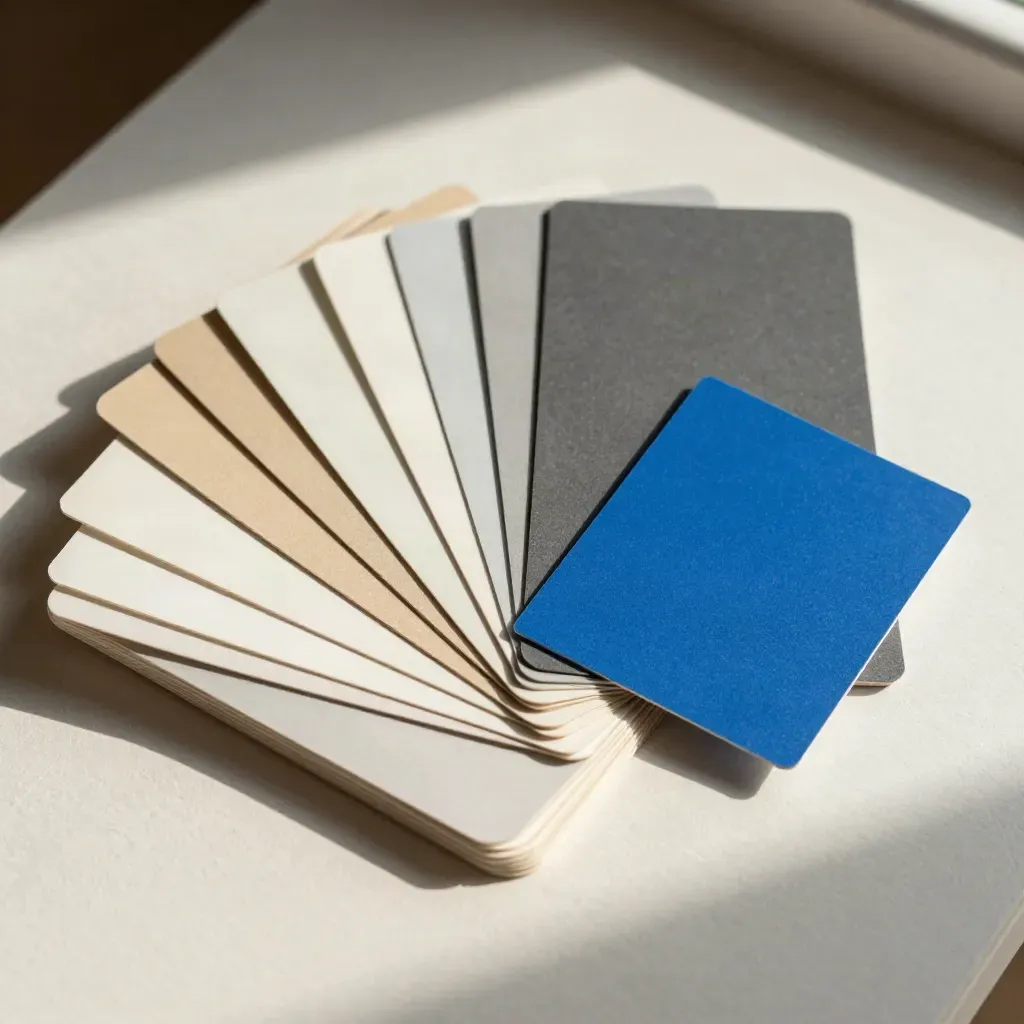 Vue zénithale d’une charte d’identité de marque en cartes couleur et épreuves papier.