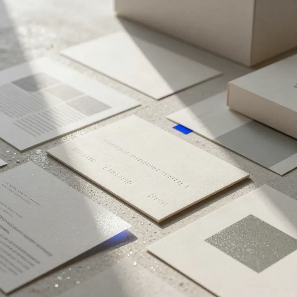 Kit de marque premium sur sol humide, cartes gaufrées et plaques web translucides en lumière douce.