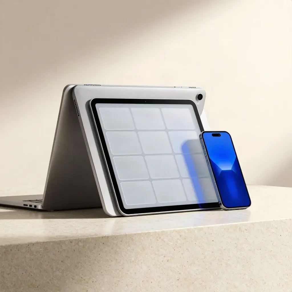 Maquette de site vitrine avec tablette, téléphone et cartes de grille sur travertin.