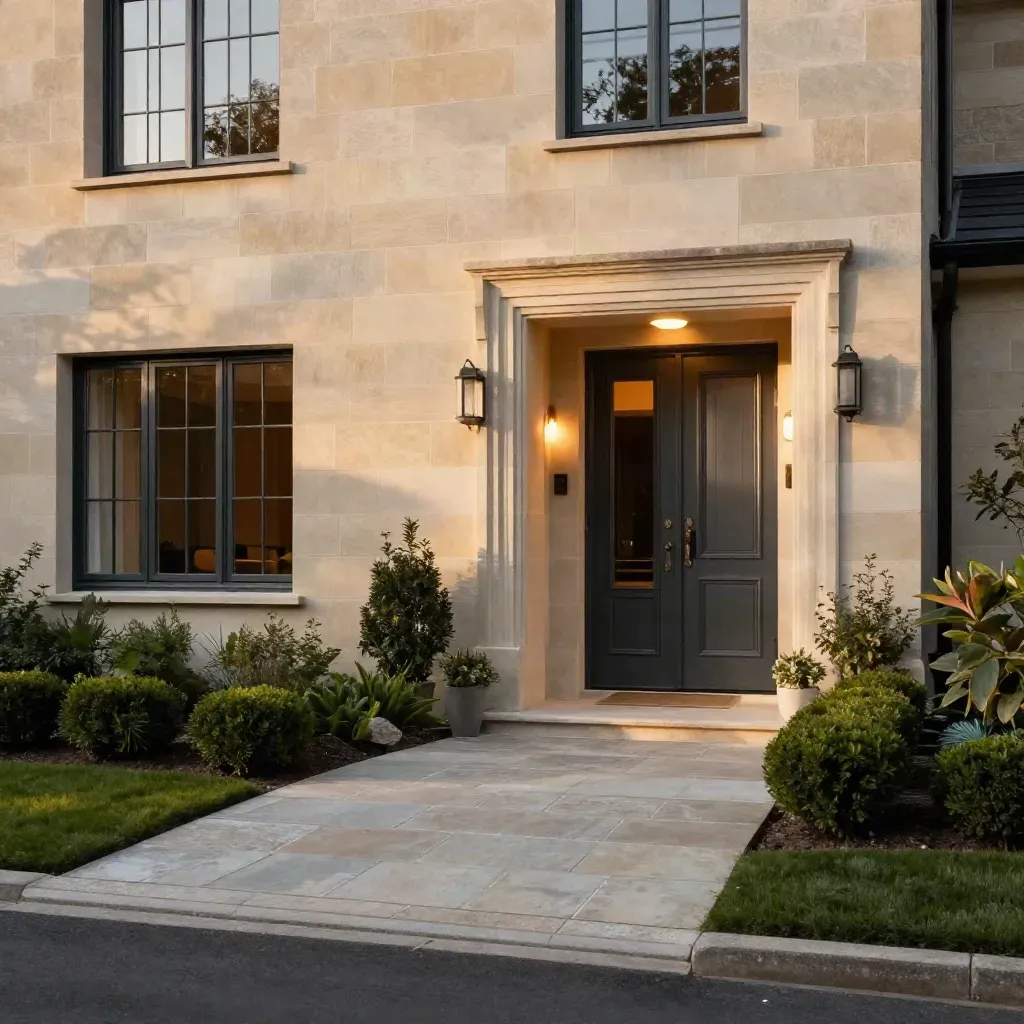 Façade de maison rénovée avec porte neuve, pierre claire, jardin taillé et entrée éclairée.