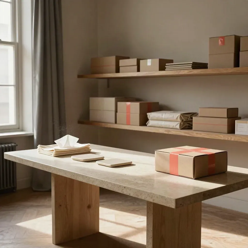 Atelier-boutique vidé avec cartons d’expédition et quelques pièces restantes dans la lumière du soir.