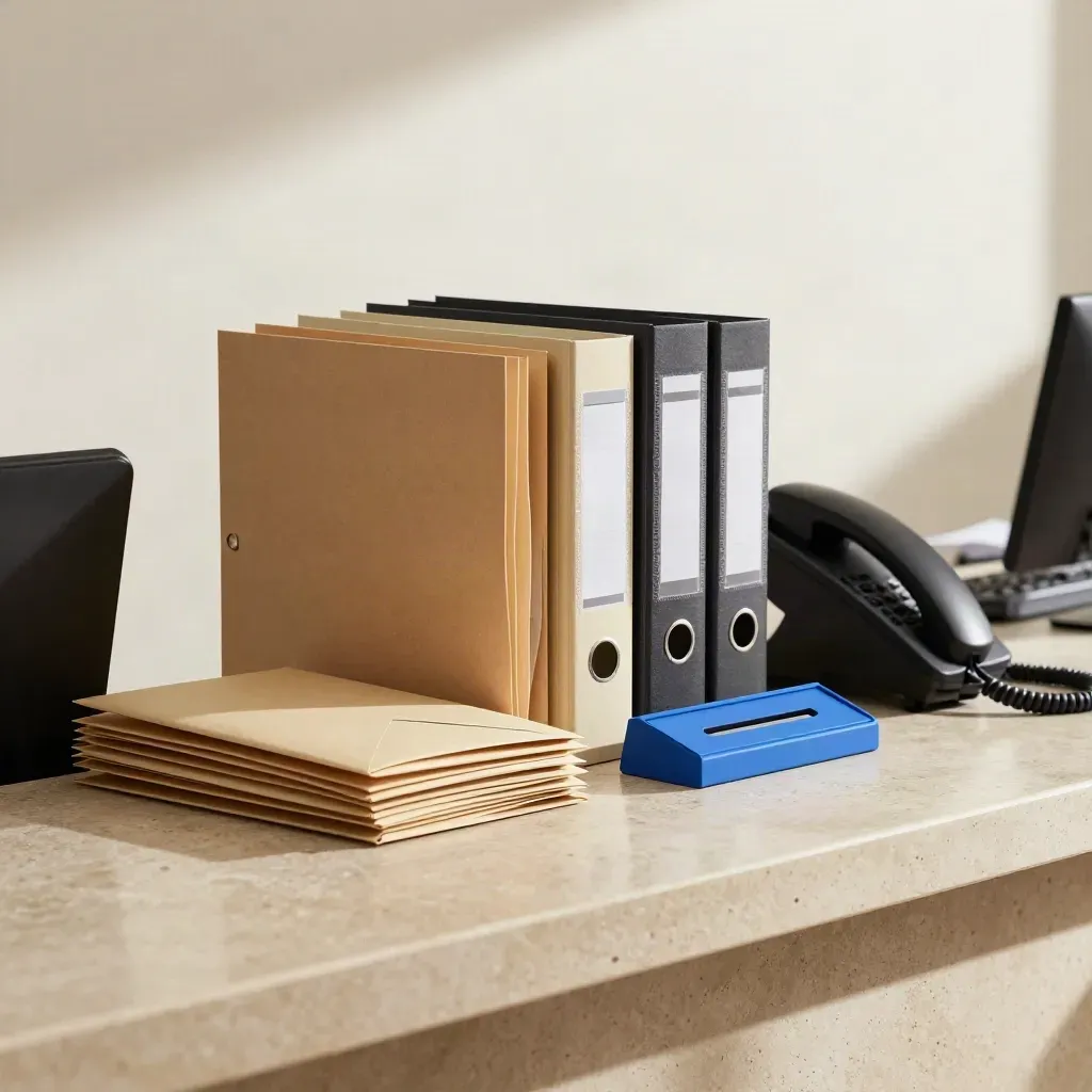 Bureau d’accueil rempli de dossiers, courrier et téléphone sous une lumière douce.