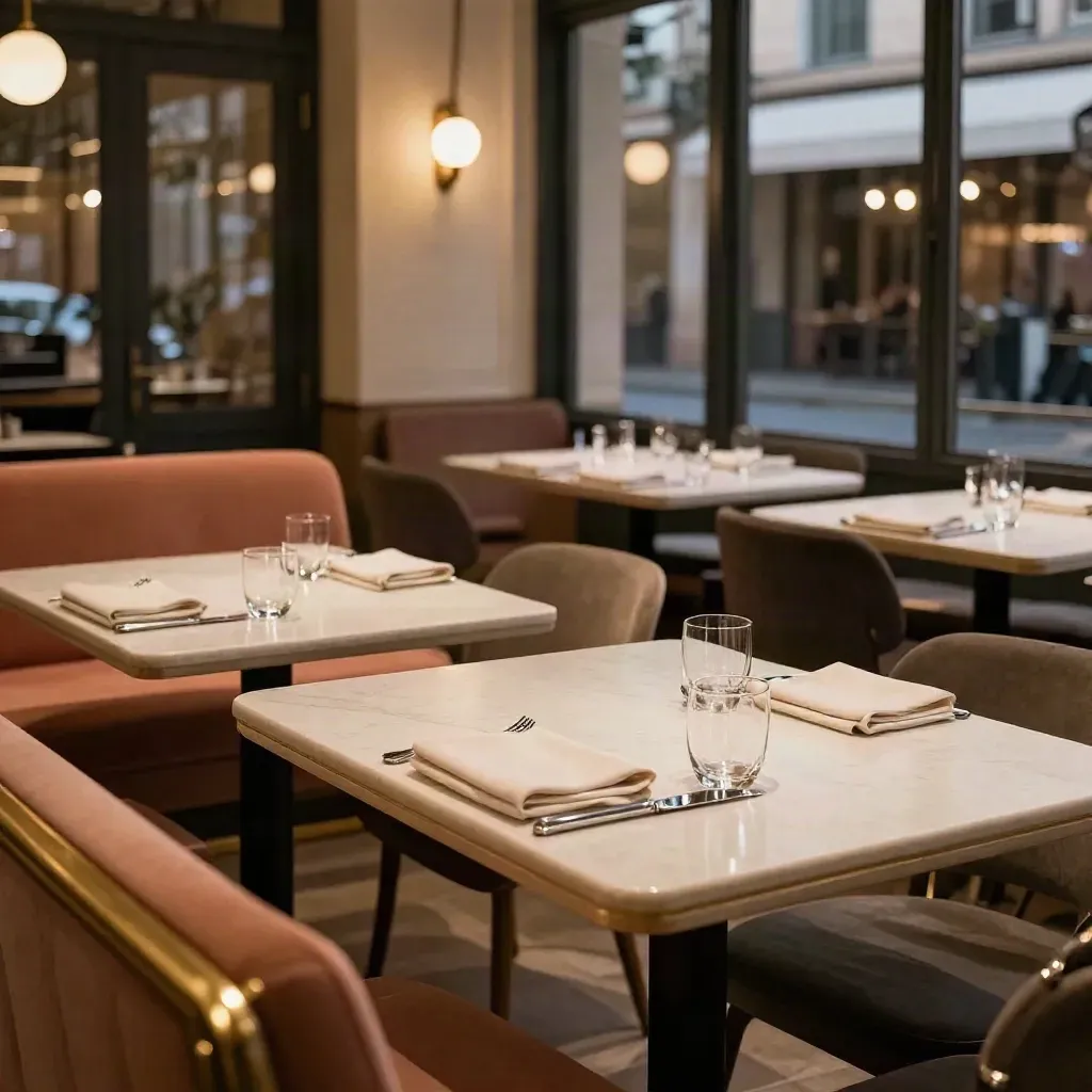 Salle de café prête pour le soir, tables dressées et lumière chaleureuse