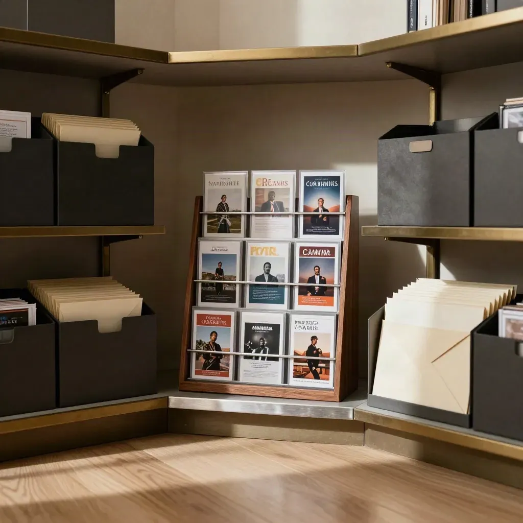 Coin archivistique d’agence avec cartes carrées, enveloppes classées et support discret.