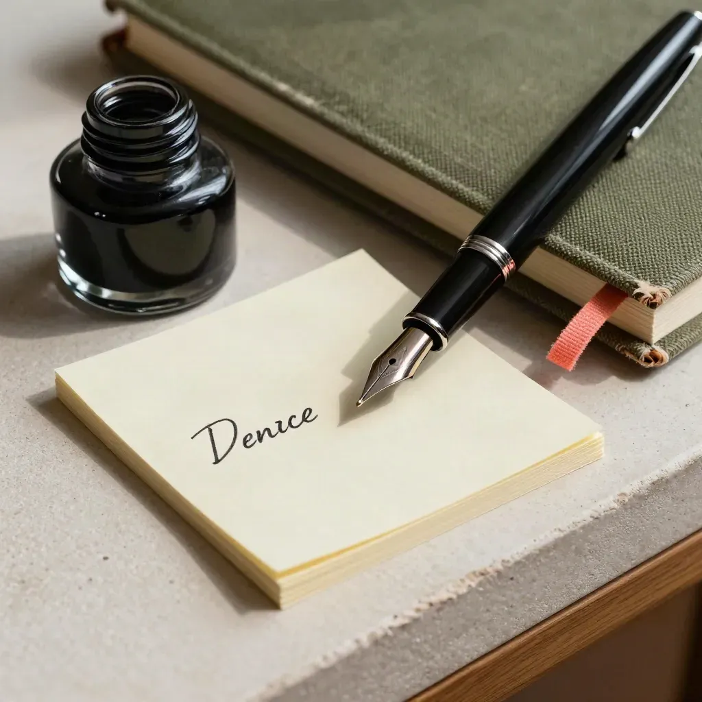 Gros plan d’un stylo plume, d’un encrier et de cartes crème sur un carnet en toile.