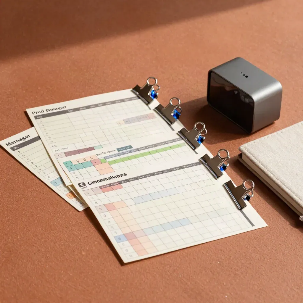 Cartes de suivi colorées, pinces métal, minuteur et carnet fermé sur surface terracotta.