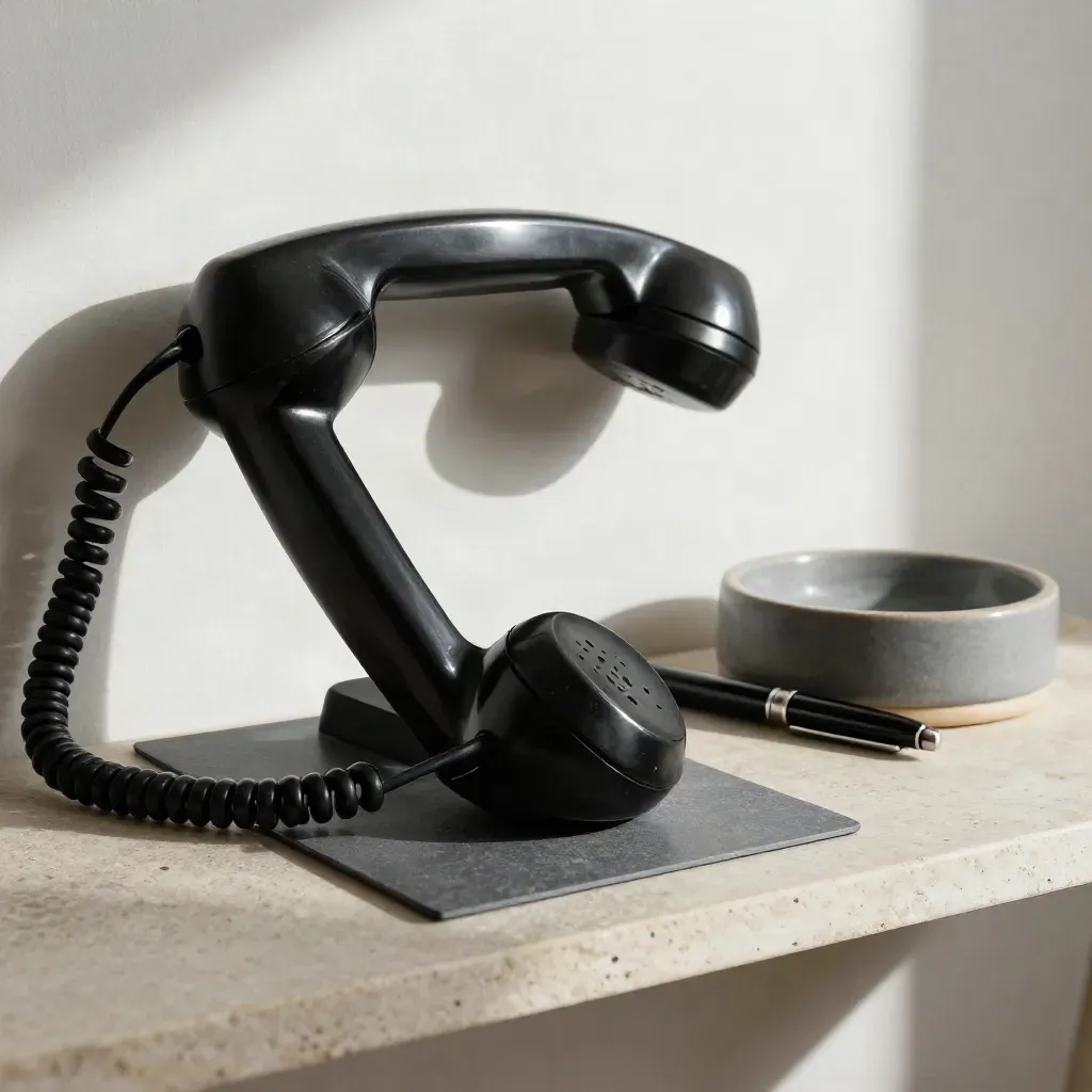 Combiné de téléphone bakélite, sous-main, coupelle et stylo sur pierre claire.