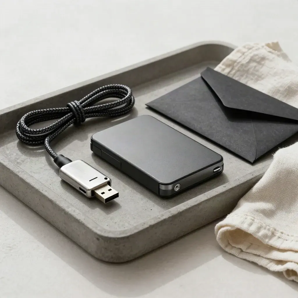 Clé USB, disque dur, câbles et enveloppe scellée sur un plateau en béton clair.