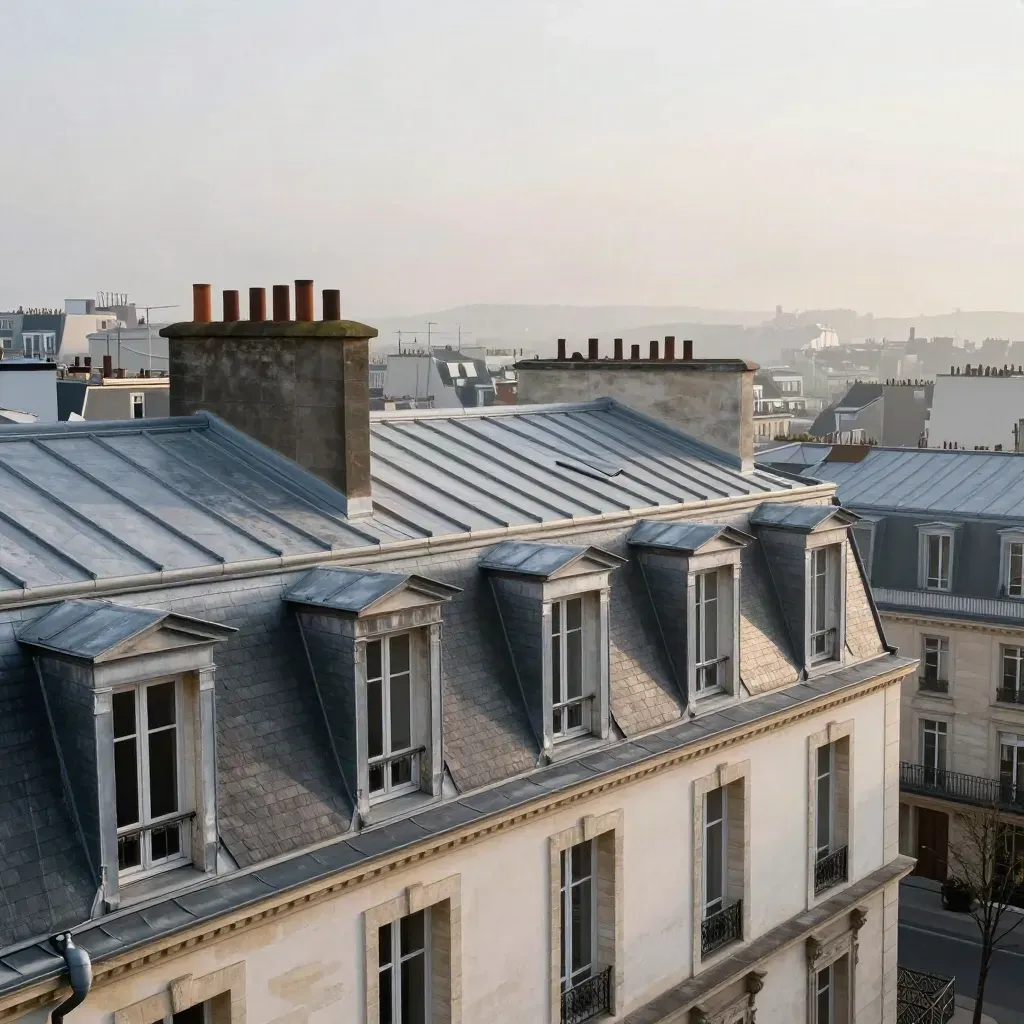 Toits en zinc de Paris dans la brume du matin vus depuis Belleville.