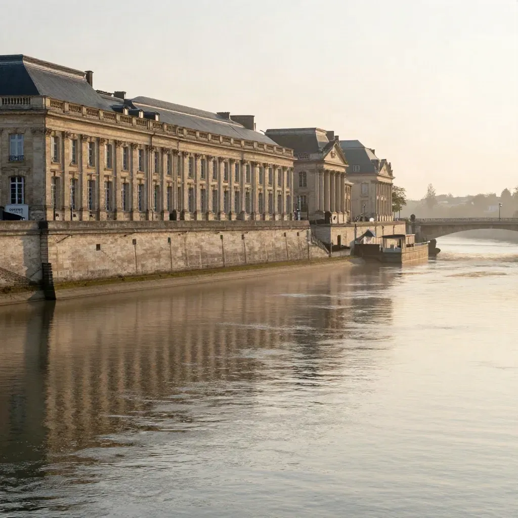 Quais de pierre de Bordeaux au bord de la Garonne, lumière chaude et brume d’aube.