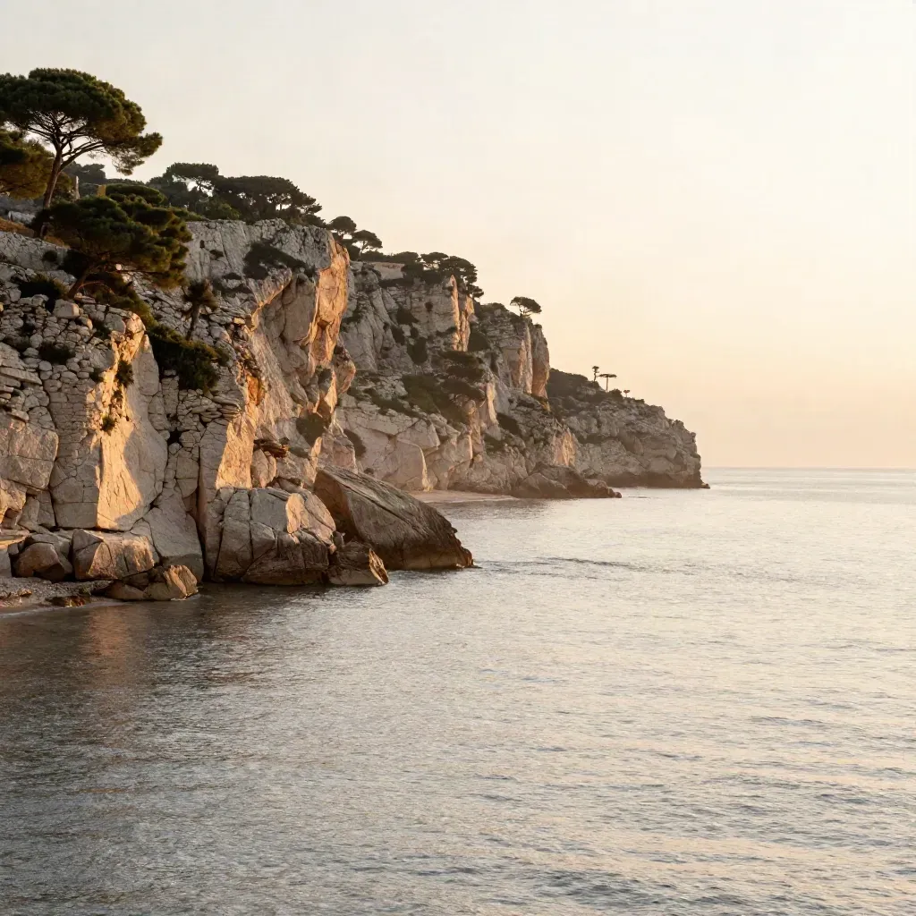 Falaises claires et pins de Provence au-dessus d’une mer argentée dans la brume dorée.