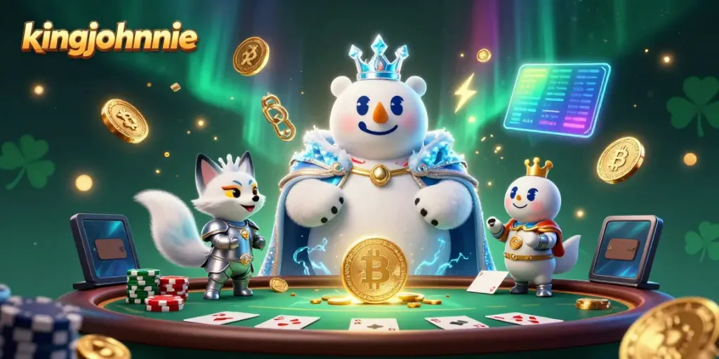 Join kingjohnnie at an engaging poker scene with vibrant characters, stacks of chips, and digital elements