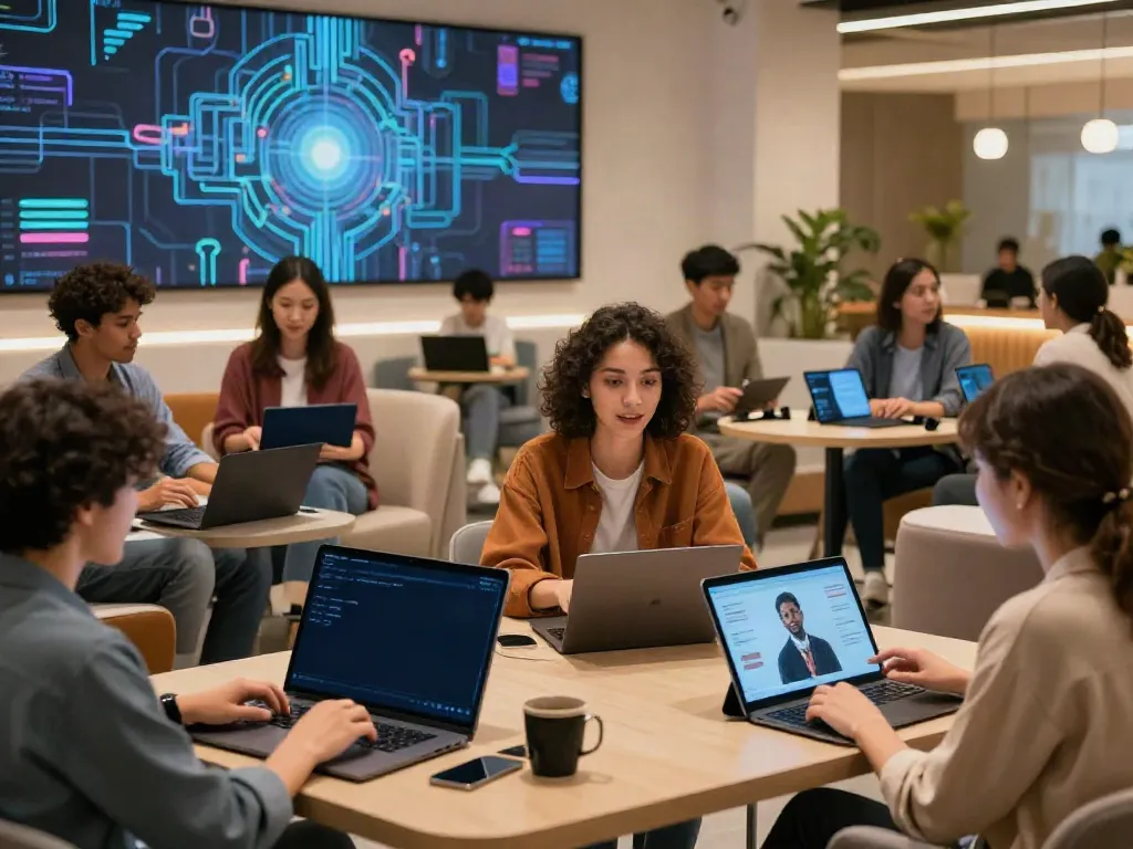 Engaging users interacting with free AI slut chatbots in a modern lounge.